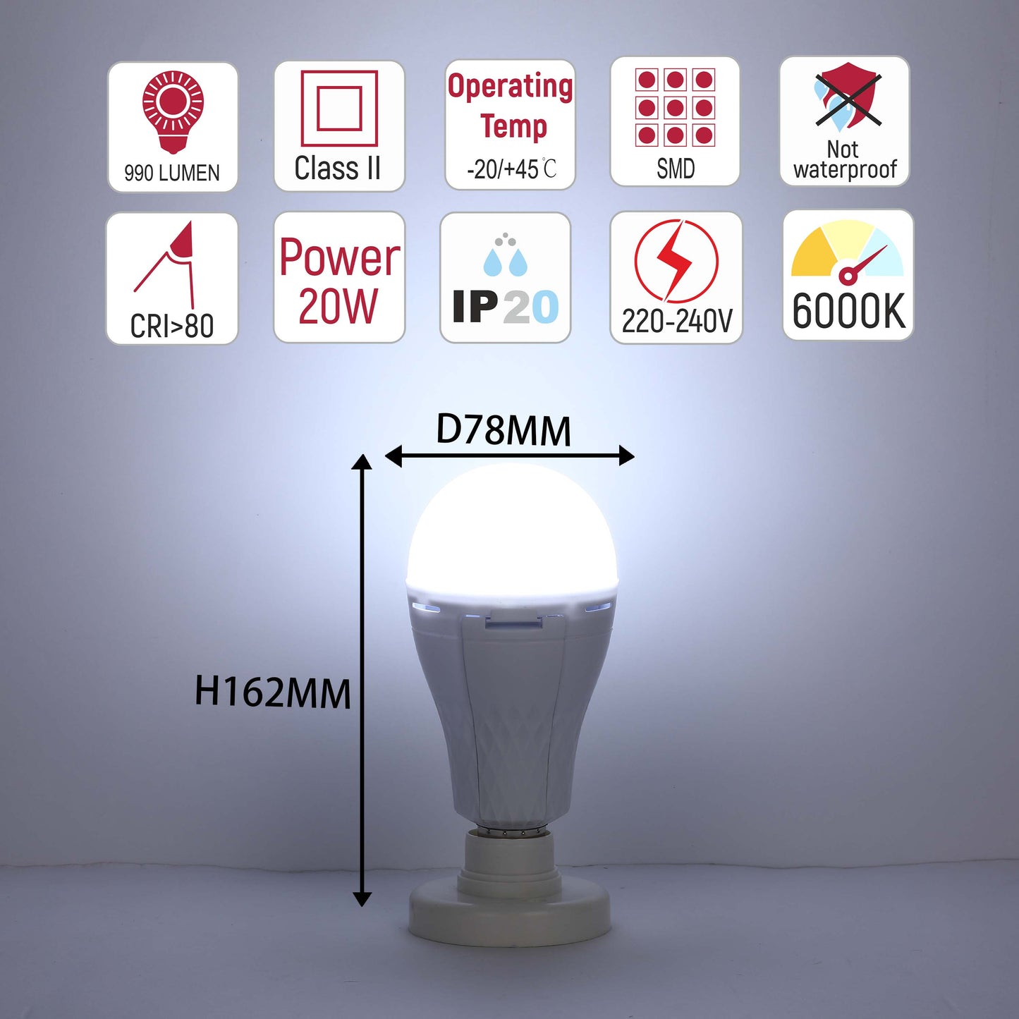 20W Rechargeable Emergency LED Bulb, E27 Battery Backup Light (6000K)