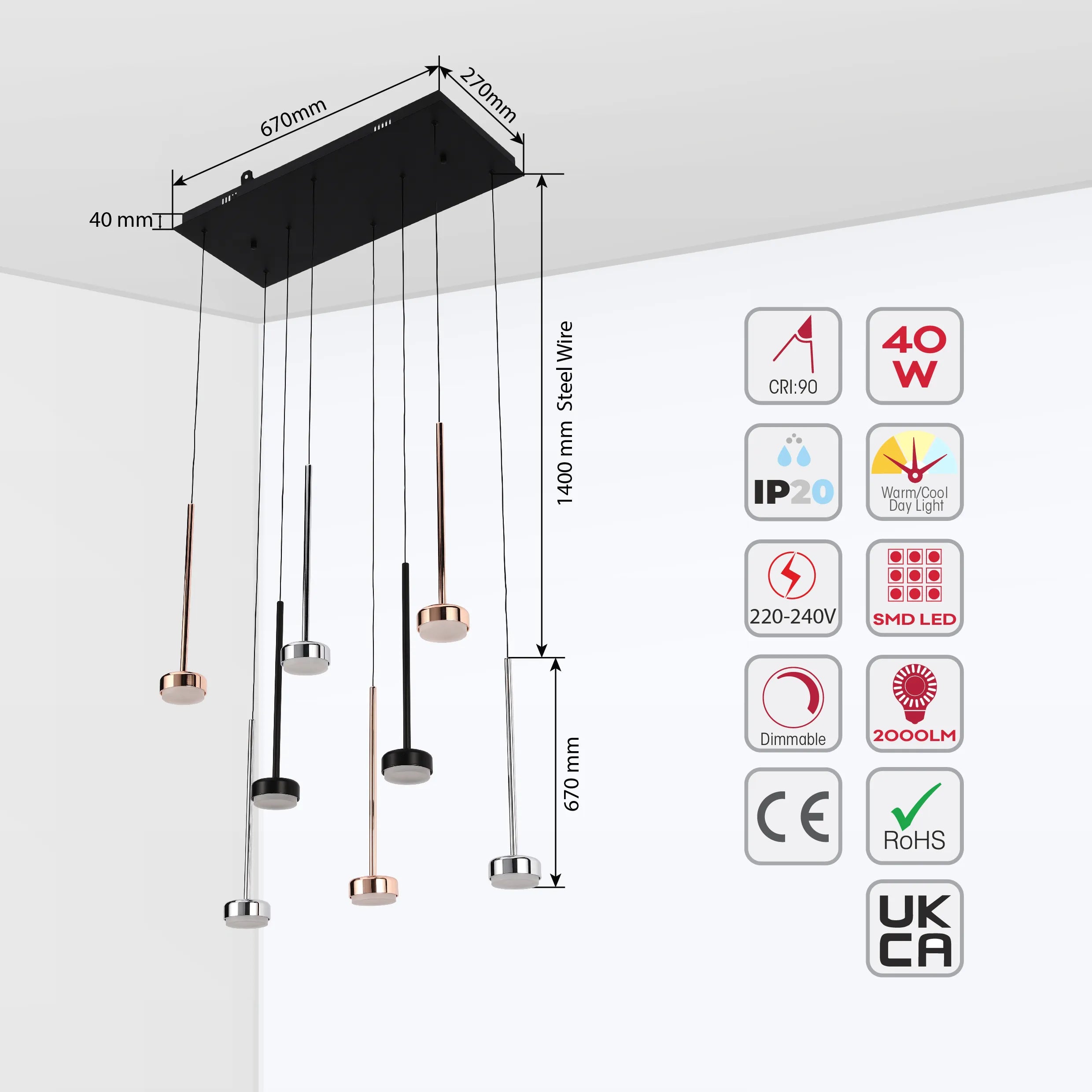 6-Light Black Rectangular Plate Modern Pendant Light - Chrome, Copper & Black Finishes