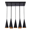 Contemporary black pendant light fixture with 5 cone-shaped shades and gold interiors, suspended from a rectangular canopy.