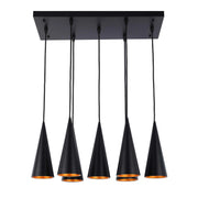 Contemporary black pendant light fixture with 5 cone-shaped shades and gold interiors, suspended from a rectangular canopy.