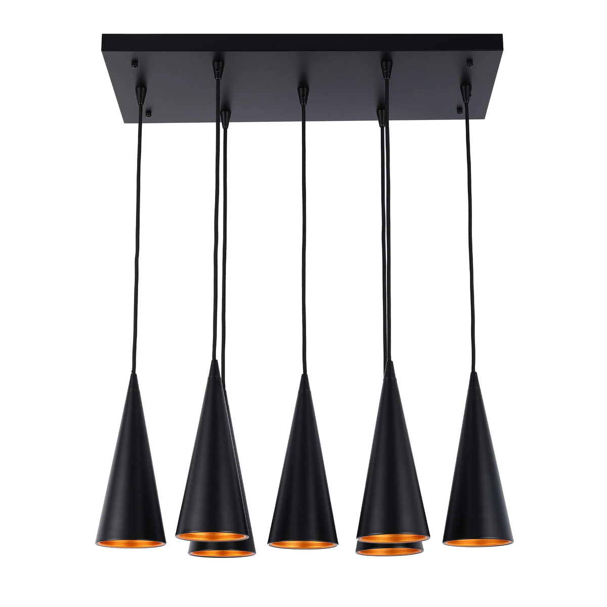 Contemporary black pendant light fixture with 5 cone-shaped shades and gold interiors, suspended from a rectangular canopy.