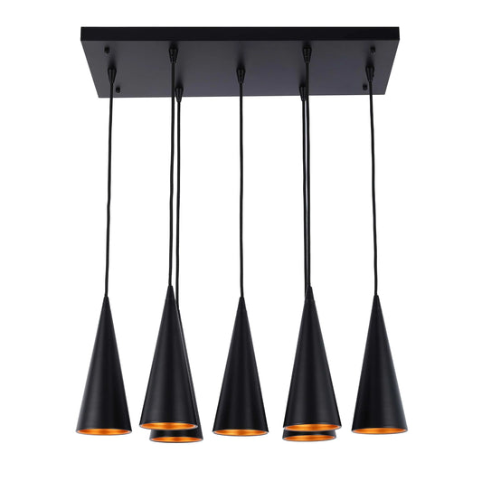 6-Light Cone Pendant Light - E27 Fittings, Rectangular Plate, Dimmable