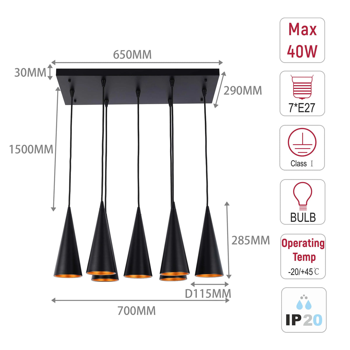 A contemporary 7-bulb pendant light in black, featuring a cone shade and warm interior. Dimensions are indicated with helpful annotations.