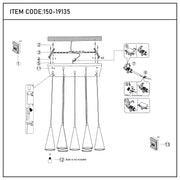 A diagram showcasing the steps for installing a modern pendant lighting fixture with multiple hanging cone lamps.