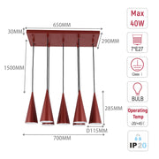 A 7-light pendant chandelier featuring adjustable drop lengths and sleek conical shades in an eye-catching burgundy finish.