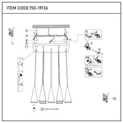 A diagram for a five-bulb pendant light installation. It includes the fittings, wiring, and fixture mounting.