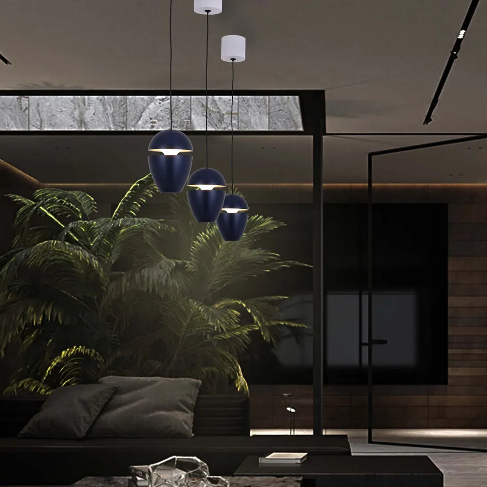 Warm white acorn LED pendant downlight illuminating a modern kitchen with stylish decor and cove lighting, enhancing ambiance and functionality.150-19074