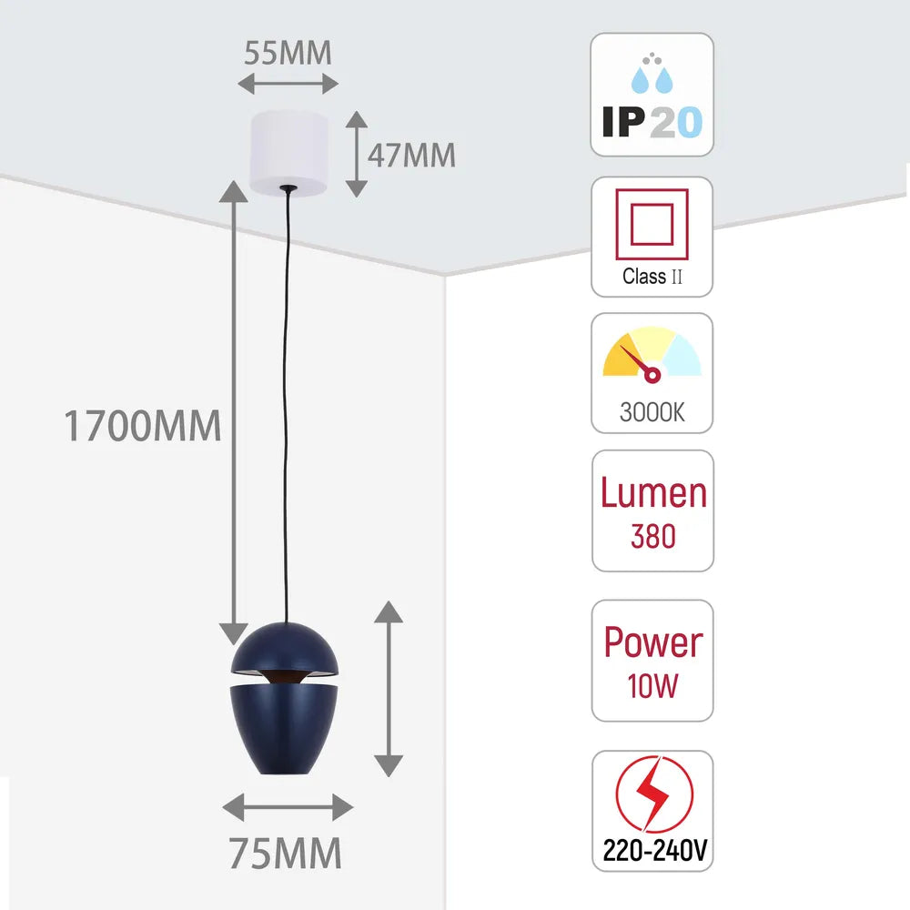 Size and technical specs of the Acorn LED Pendant Downlight with Cove Lighting Effect 10W Warm White-150-19074