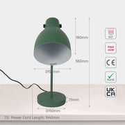 Green lamp displaying dimensions: 180mm height, 560mm top to base, 25mm base thickness, 150mm shade diameter, & 150mm base diameter.