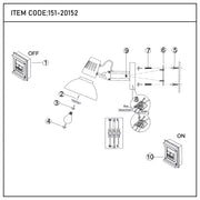 Technical diagram of a wall-mounted adjustable lamp with exposed wiring and on/off switches, labelled with numbers for assembly.