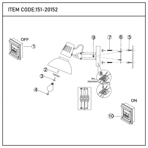 Technical diagram of a wall-mounted adjustable lamp with exposed wiring and on/off switches, labelled with numbers for assembly.