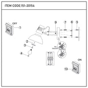 Exploded diagram of a wall-mounted lamp with a flexible arm, showing wiring, fixings, and switch positions.