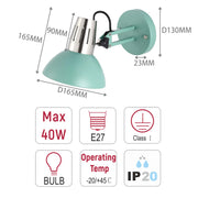 A mint green adjustable wall lamp is shown with dimensions. Takes an E27 bulb, max 40W, IP20 rating, Class I.