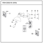 Diagram showing the parts and assembly of a wall-mounted desk lamp, with a bulb fitting, wall bracket and wiring diagram.