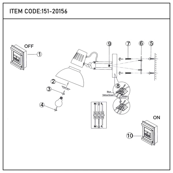 Diagram showing the parts and assembly of a wall-mounted desk lamp, with a bulb fitting, wall bracket and wiring diagram.