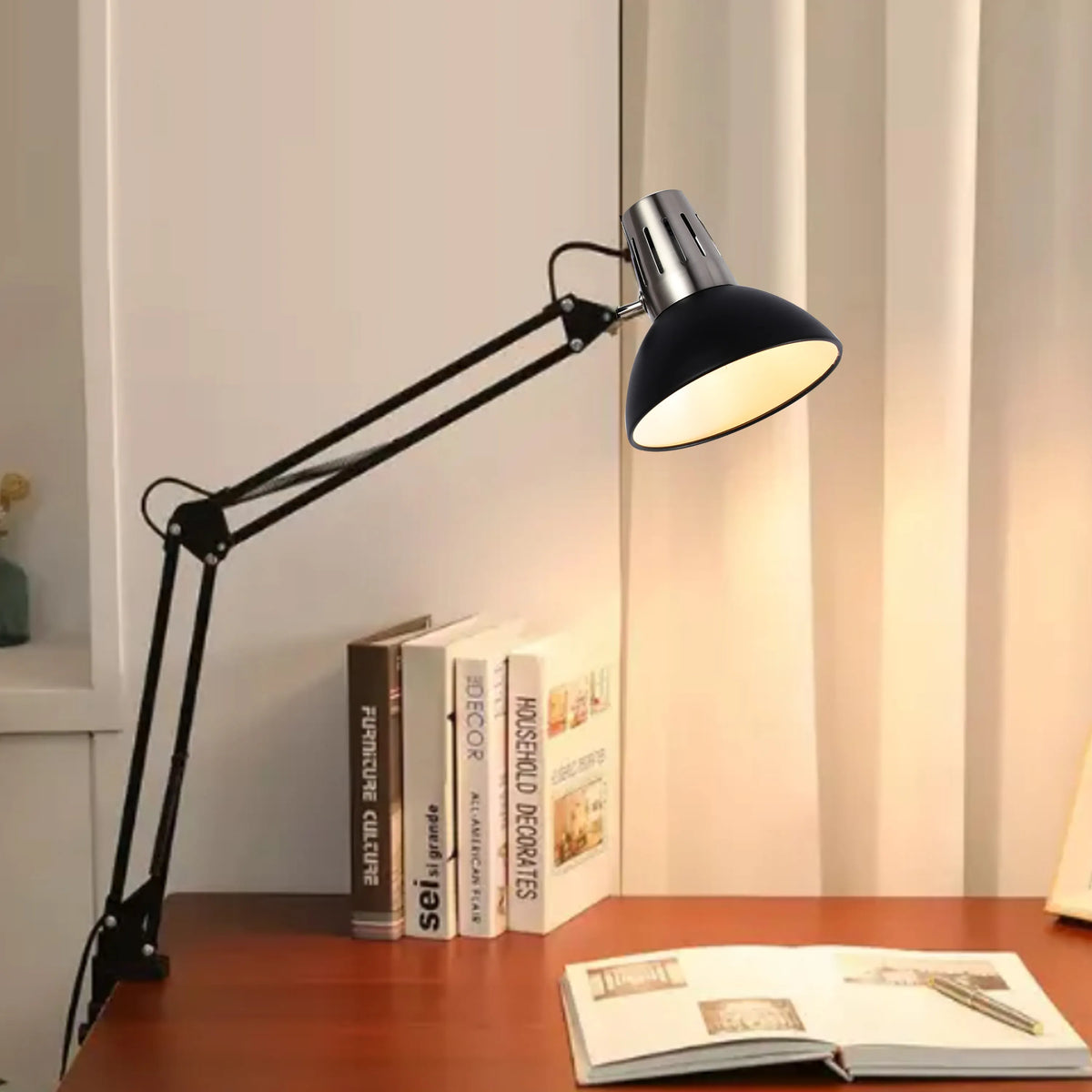 A stylish black and chrome adjustable desk lamp, emitting a warm, inviting glow on a wooden desk. A bright study space.