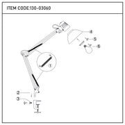 Diagram of a desk lamp, showing its components: base, arm, shade, bulb, and fixings. Item code: 130-03060