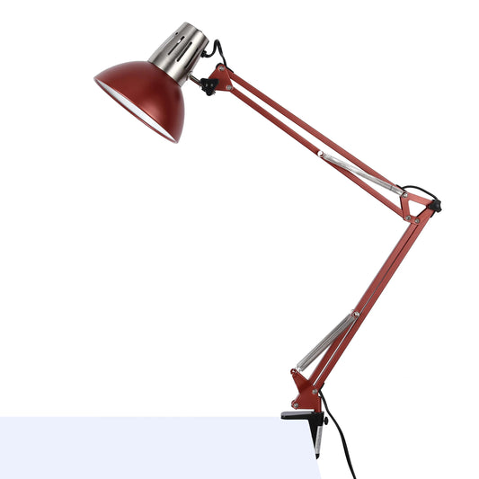 An adjustable desk lamp, with a red shade and articulated arm, clamped to a desk, providing focused task lighting.