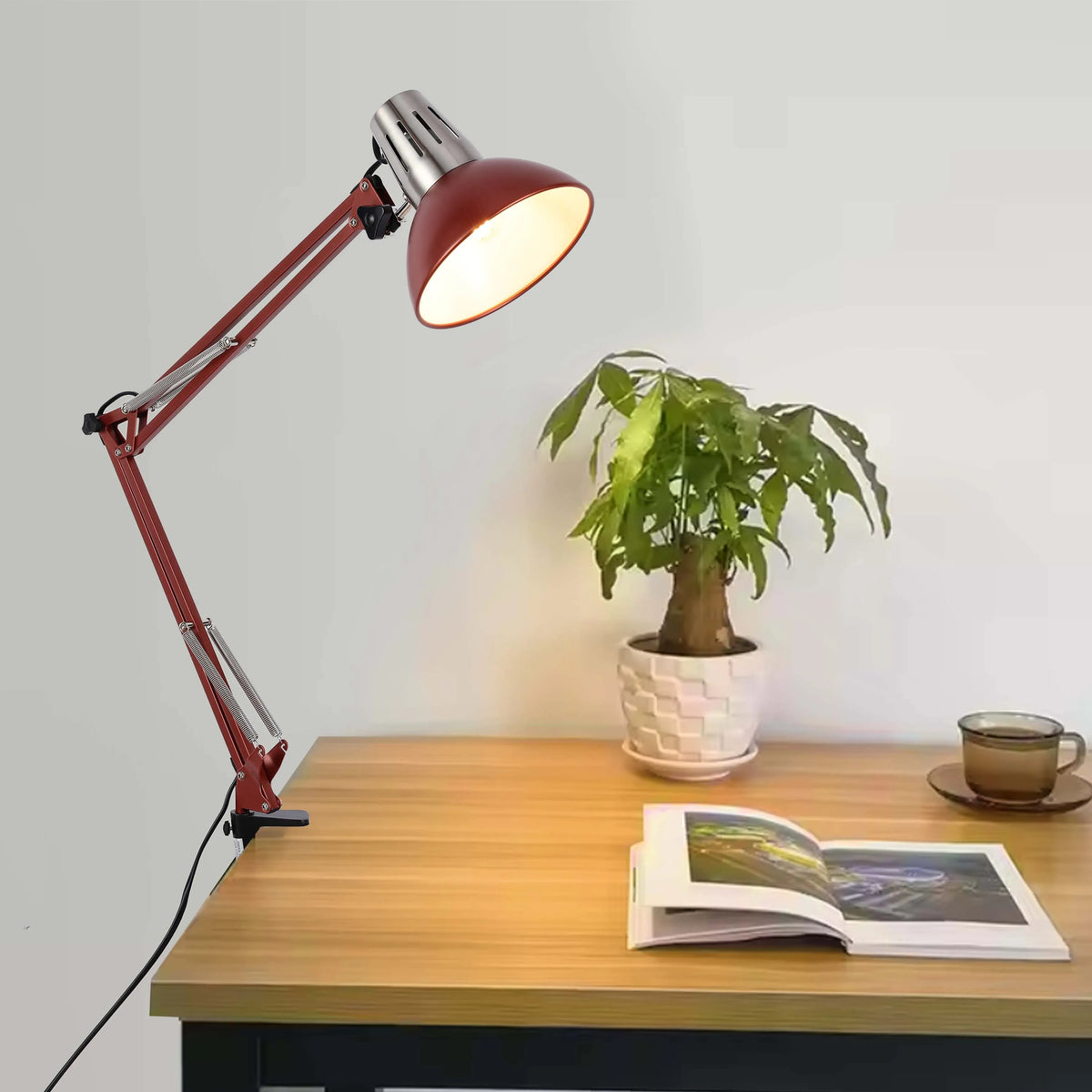 A cantilever desk lamp illuminates the space with warm, directional light; an ideal lighting solution for studying or hobbies.