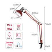 Anglepoise lamp diagram with dimensions. Indicates max 40W bulb, E27 fitting, IP20 rating and operating temp of -20/+45°C.