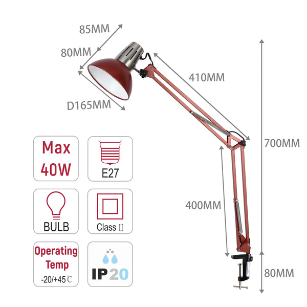 Anglepoise lamp diagram with dimensions. Indicates max 40W bulb, E27 fitting, IP20 rating and operating temp of -20/+45°C.