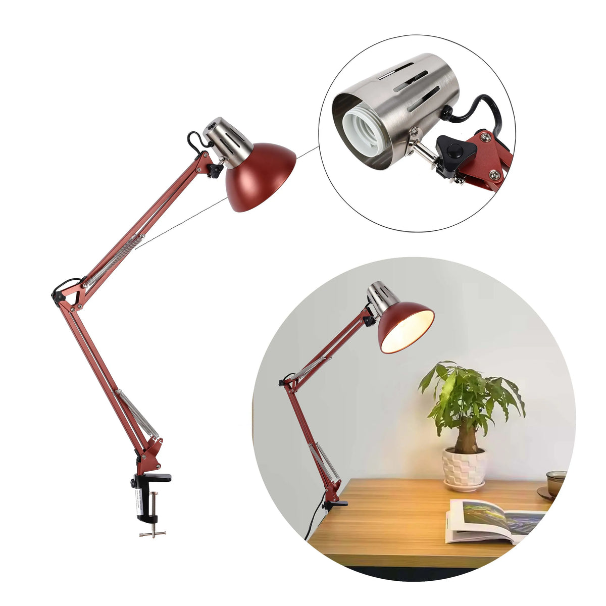A clamp-on adjustable desk lamp with a red shade and silver accents, illuminating a desk with a plant and books.