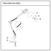 Diagram of articulated lamp components, including springs, bracket and lightbulb, laid out on a white surface.
