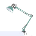 An adjustable, mint green desk lamp with silver-coloured heat vents.
