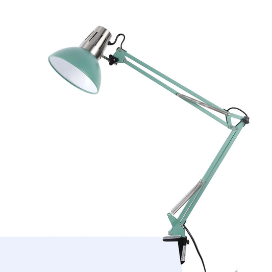 An adjustable, mint green desk lamp with silver-coloured heat vents.