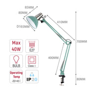 Green desk lamp, dimensions marked. Max 40W, E27 bulb. Class II rated, IP20. Operating temp -20/+45C.
