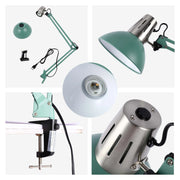 Anglepoise lamp in sage green, displayed in various configurations. Includes a base clamp and an E27 lamp holder.
