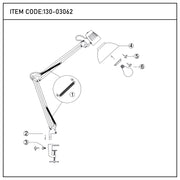 Exploded diagram of an articulated desk lamp with adjustable arm, shade, and bulb. Item code: 130-03062.