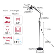 Diagram illustrating the dimensions and specifications of a floor lamp, including bulb type, wattage, cord length, and other measurements.