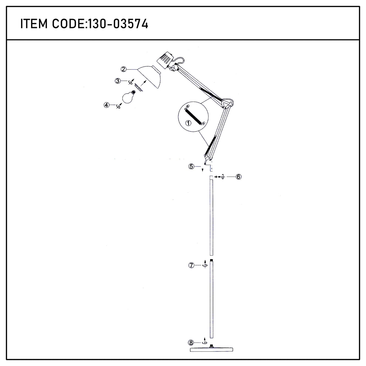 Diagram of a lamp, showing its components and how they connect together, plus the item code.