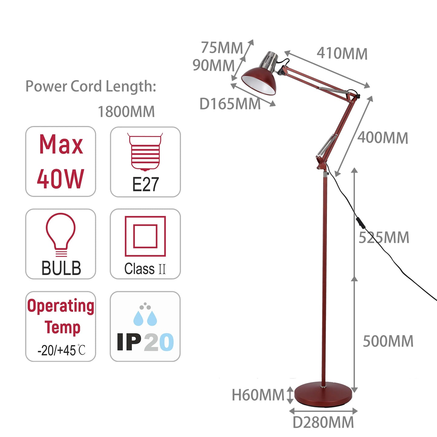 Adjustable Floor Lamp with Extendable Arm & Steel Shade - E27 Fitting, Dimmable