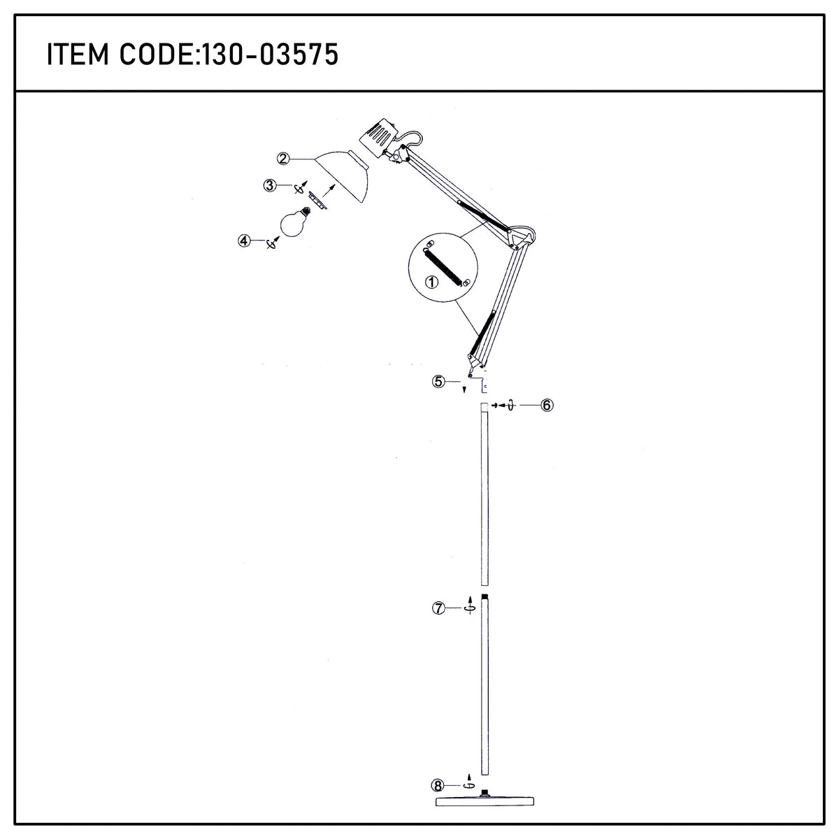 An exploded diagram showing the assembly of an articulated floor lamp, including the shade, bulb, and base.