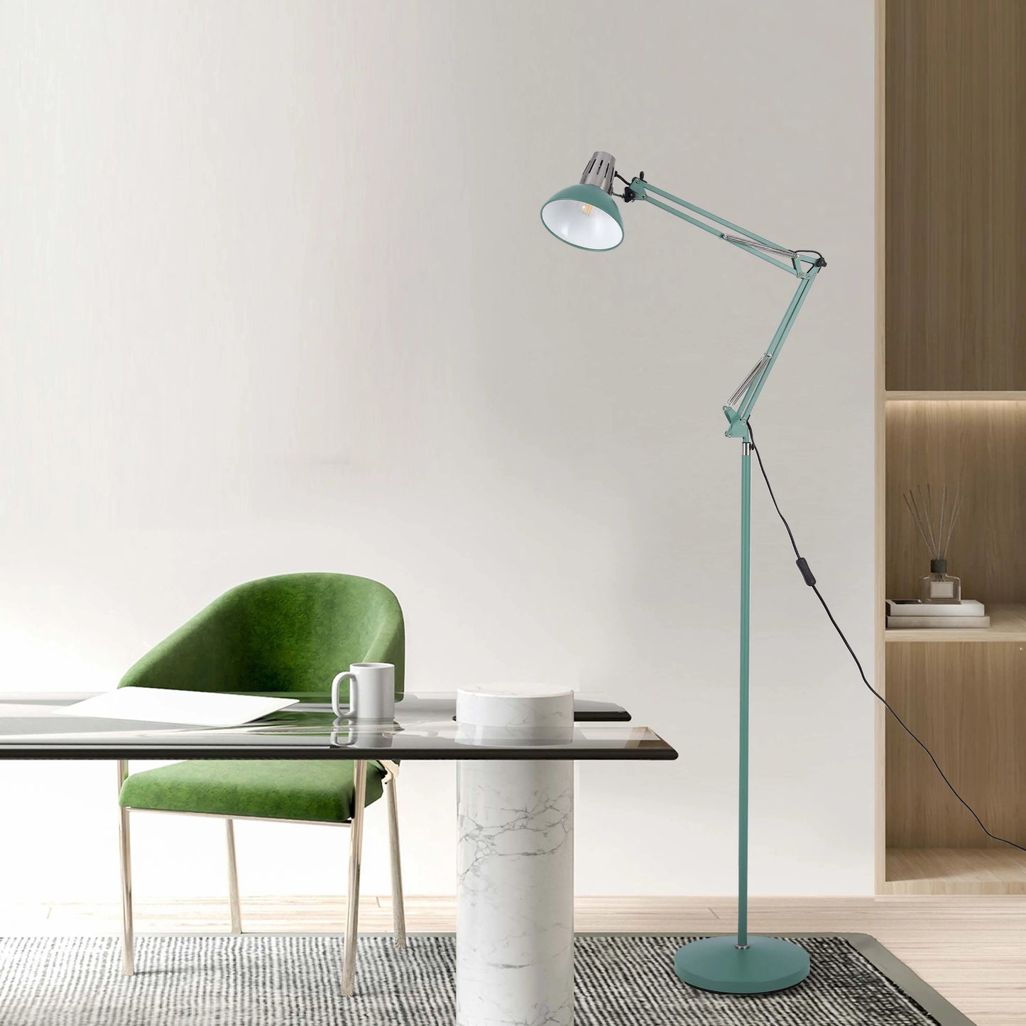 Adjustable Floor Lamp with Extendable Arm & Steel Shade - E27 Fitting, Dimmable