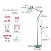 Sage green floor lamp with adjustable arm and lampshade. Technical specifications and measurements are visible.
