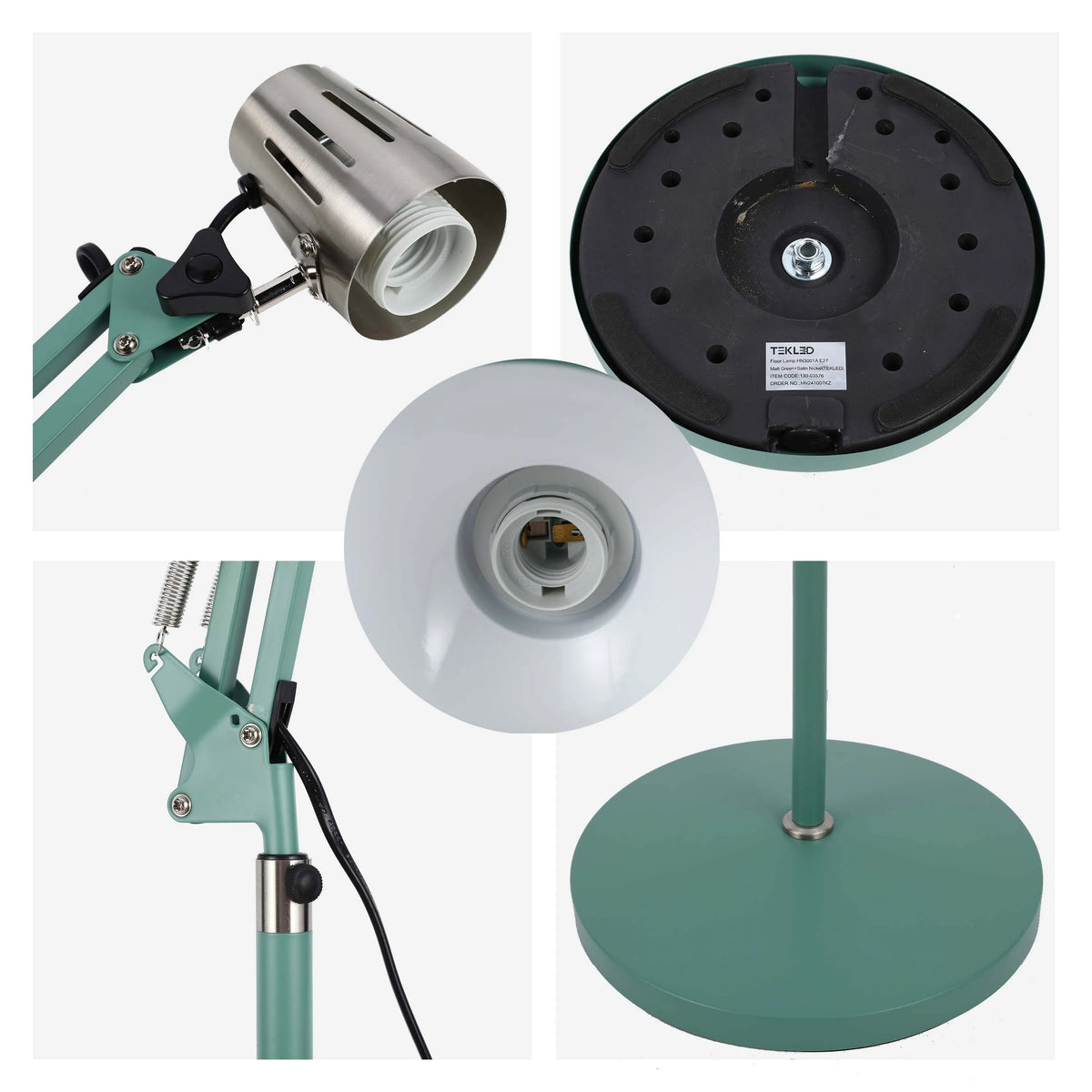 Green & nickel desk lamp featuring an articulated arm and base, with a E27 bulb fitting.