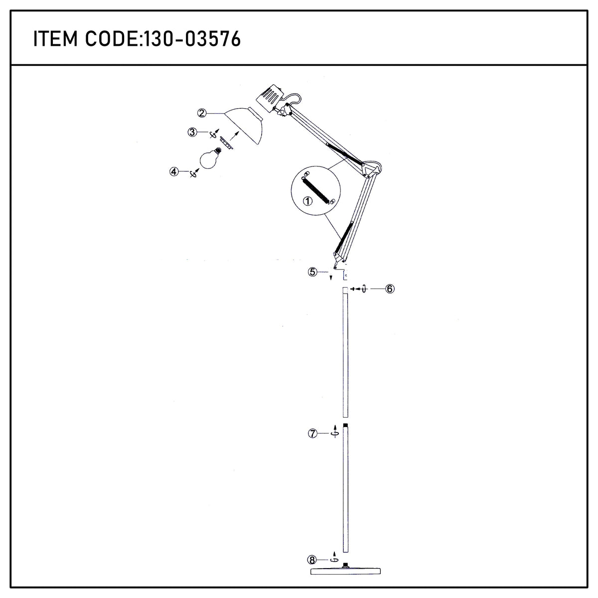 A deconstructed diagram of a desk lamp, showing the parts required for assembly.