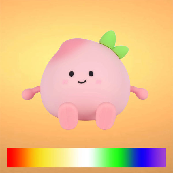 Even lighting creates a soft glow on this cute peach character. The yellow background radiates a warm ambiance.