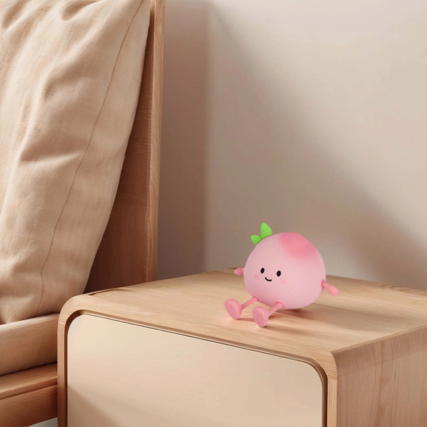 Soft, diffused lighting creates gentle shadows on the wooden bedside table, highlighting a cute peach lamp.
