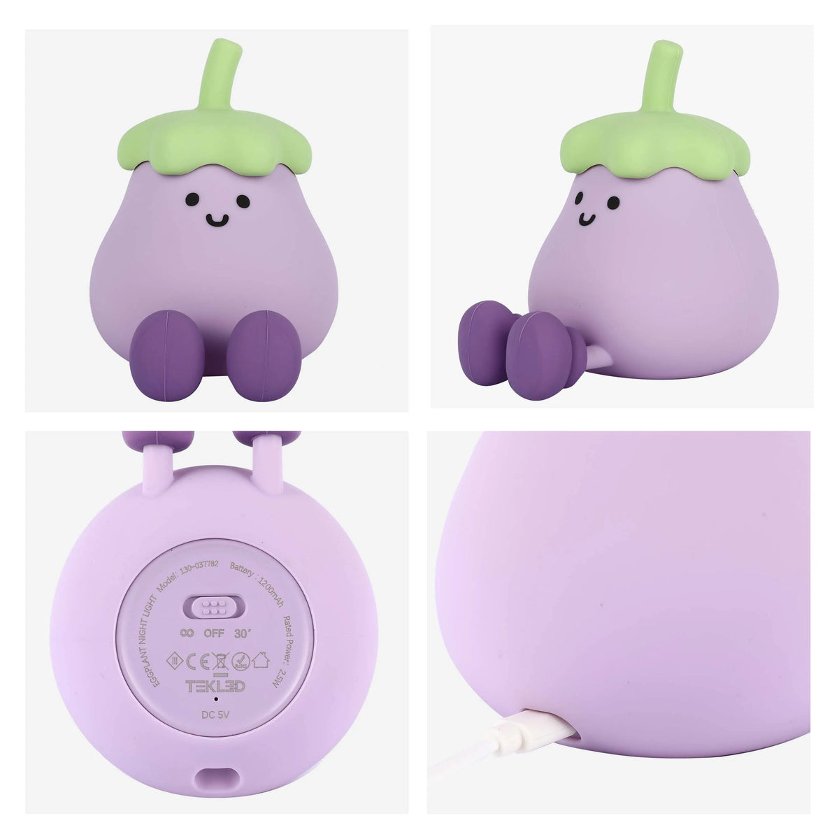 A playful eggplant night light. Soft illumination is showcased in multiple views, highlighting its charming design.