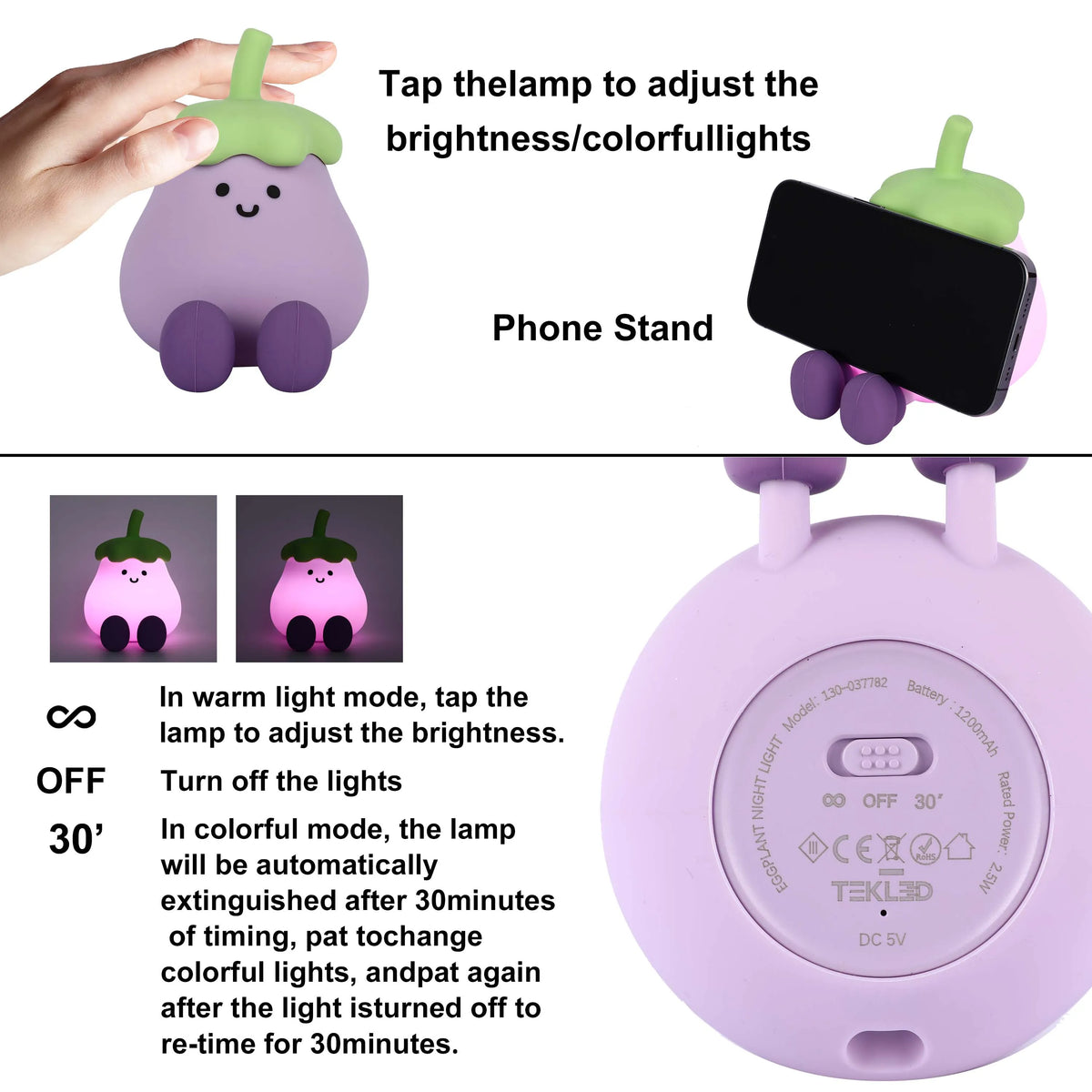 Eggplant night light with warm and colourful light modes. Tap lamp to adjust brightness or change to a colourful light.