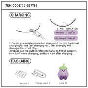 Diagram shows a charging table lamp. Light on when charging, off when fully charged. Included are a manual and charging cable.