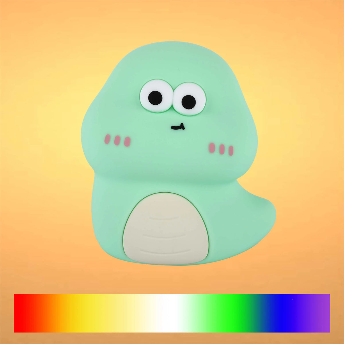Soft, diffused lighting illuminates a cute, cartoonish dinosaur-shaped night light, creating a warm and inviting glow.