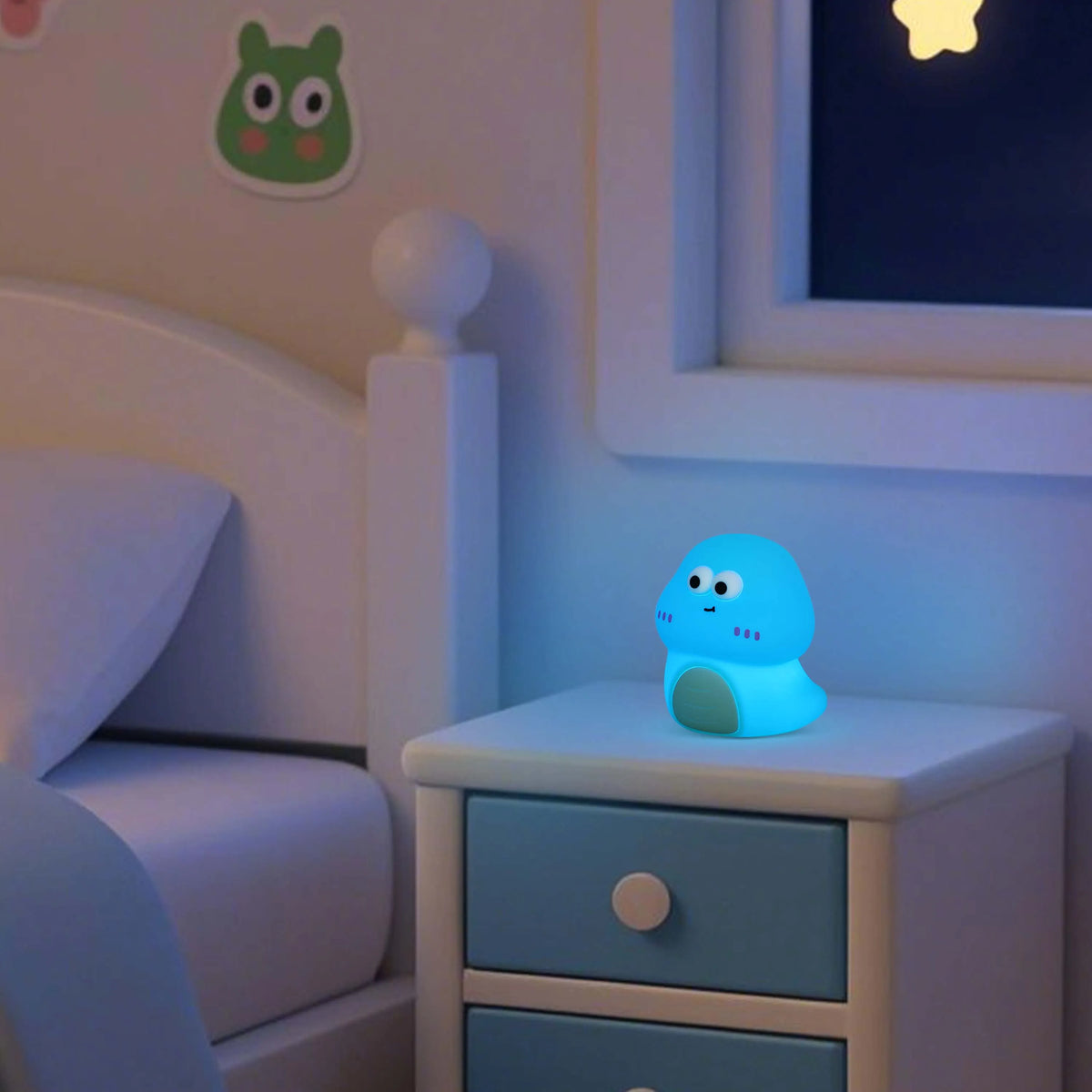 A soft blue night light in a child's bedroom emits a gentle glow, creating a calm and comforting atmosphere.