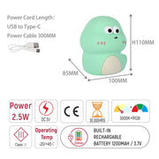 Dinosaur-shaped LED night light with RGB and 3000K colour temperature, USB Type-C power cable and 1200mAh rechargeable battery.