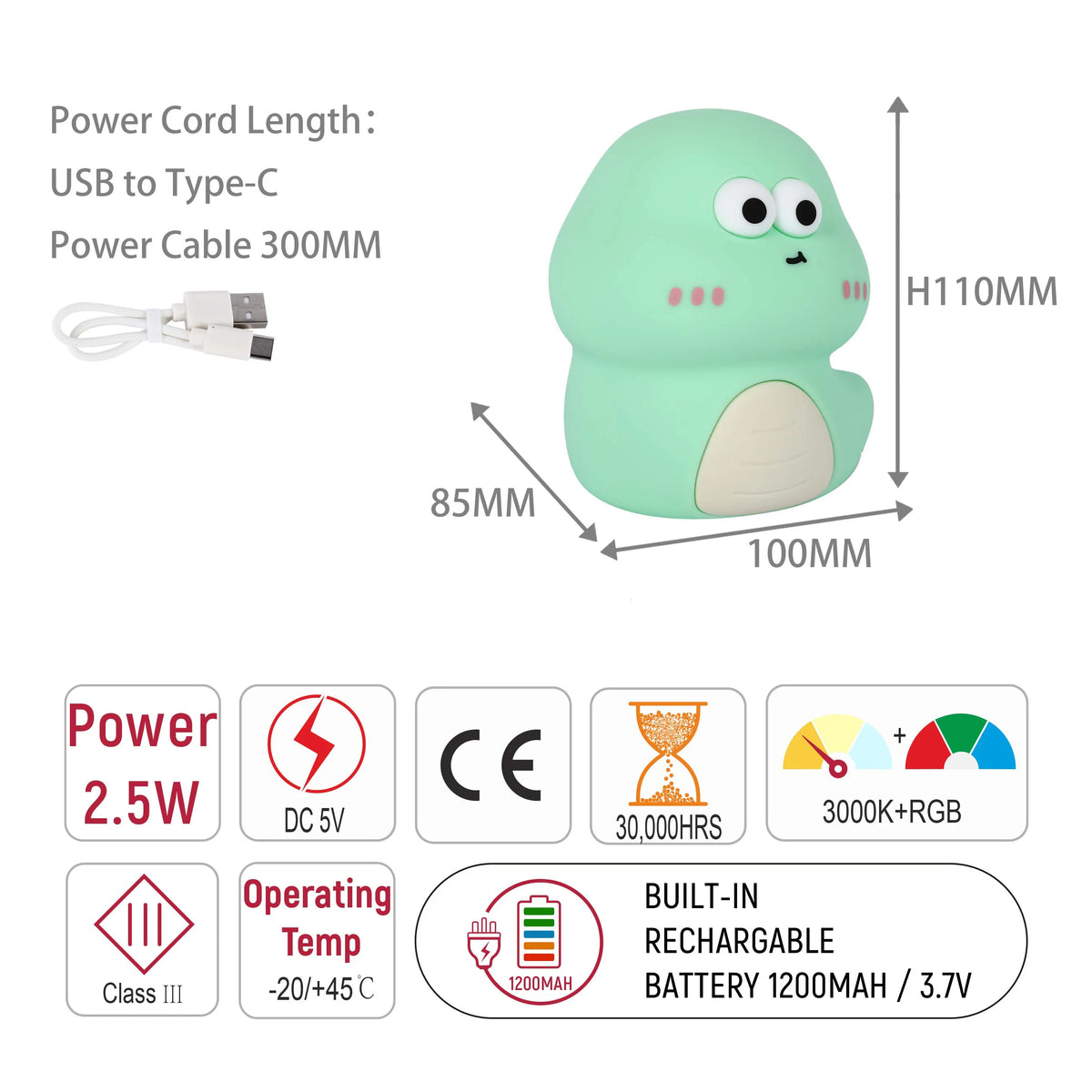Dinosaur-shaped LED night light with RGB and 3000K colour temperature, USB Type-C power cable and 1200mAh rechargeable battery.