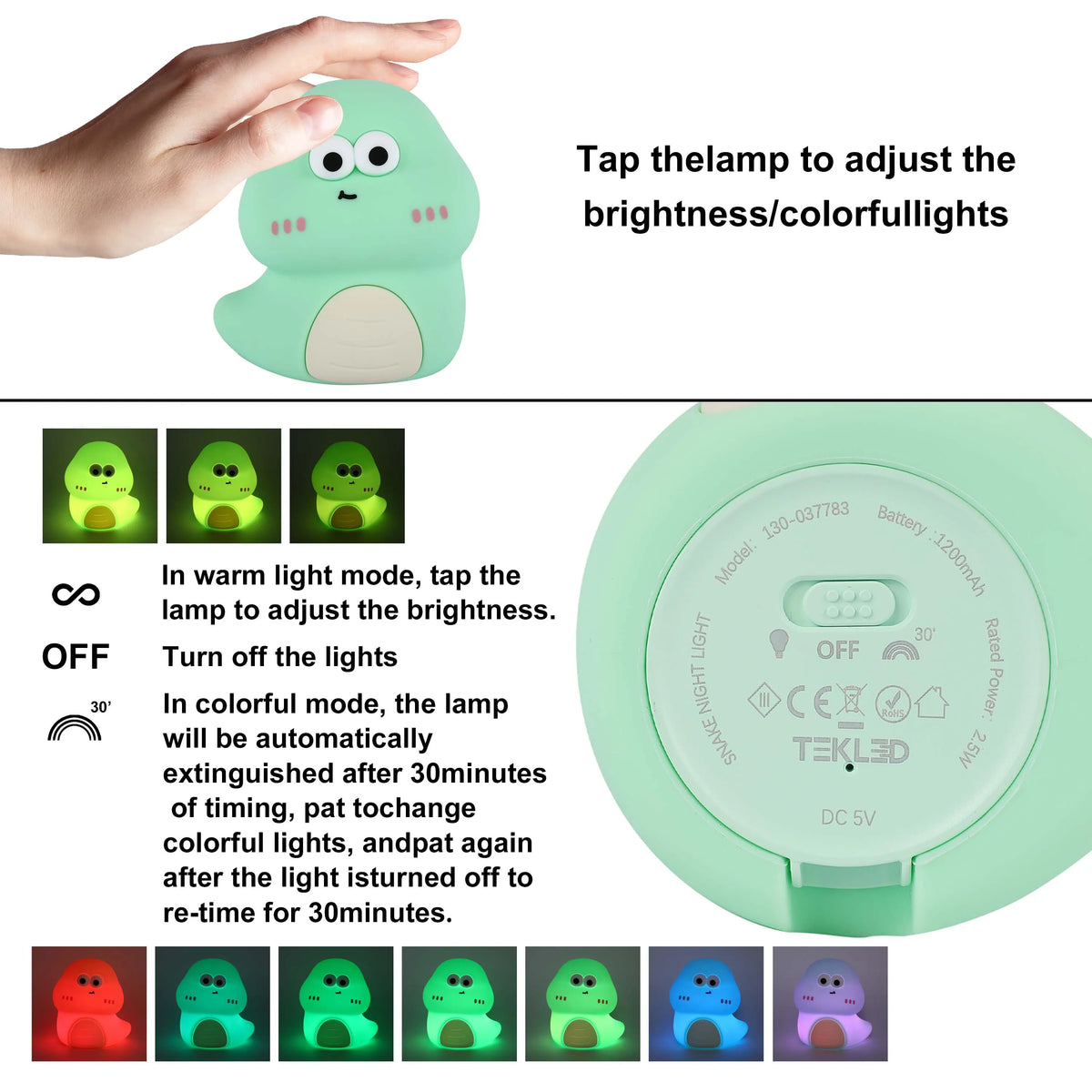 Snake-shaped nightlight with different lighting modes: warm light, off, and colorful lights. Tap the lamp to adjust the brightness.